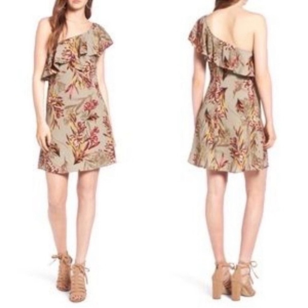 ASTR The Label One Shoulder Tropical Floral Print Ruffle Mini Dress Size XS NEW